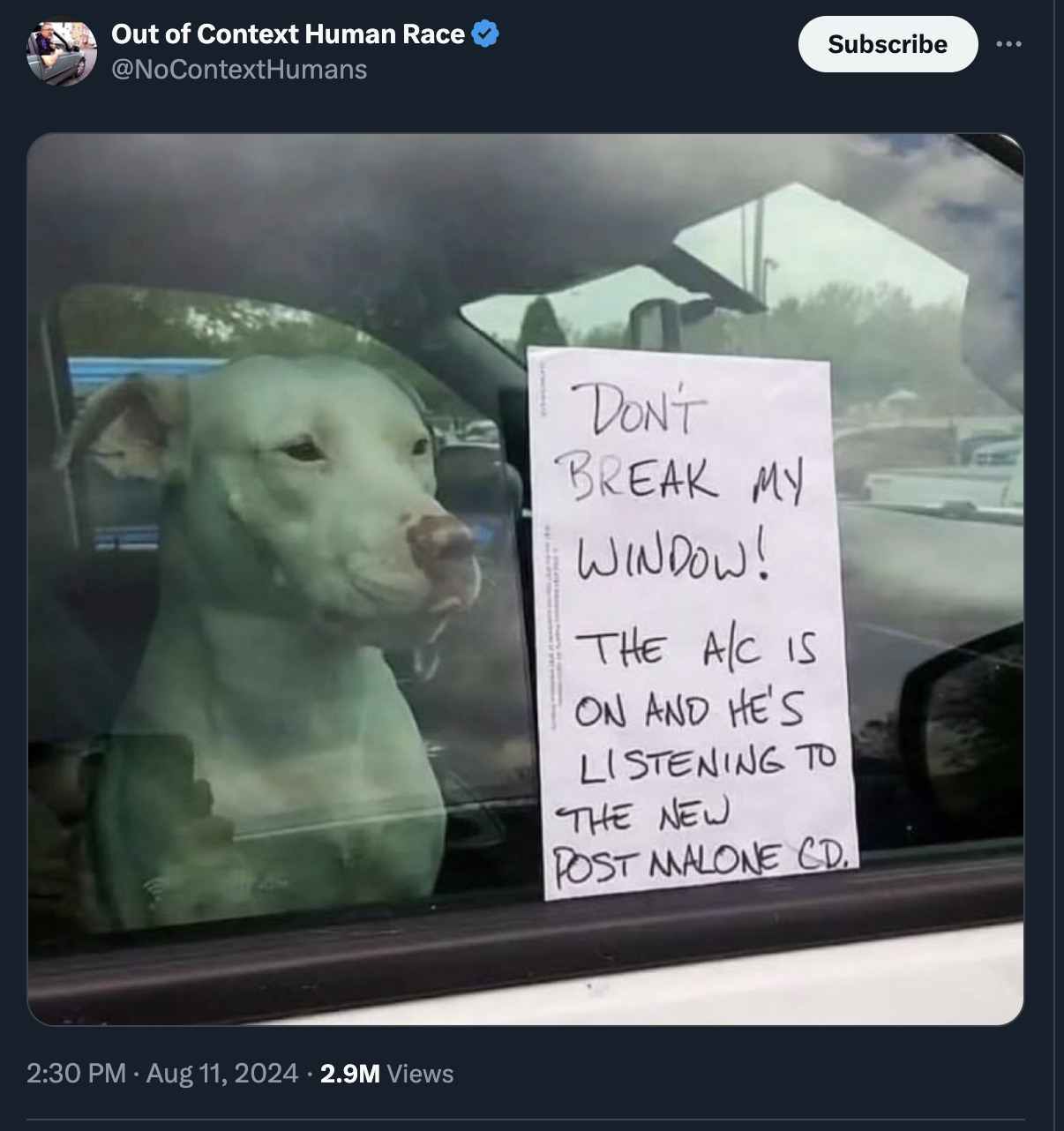 ac is on and he's listening - Out of Context Human Race Subscribe 2.9M Views Don'T Break My Window! The AC Is On And He'S Listening To The New Post Malone Cd.